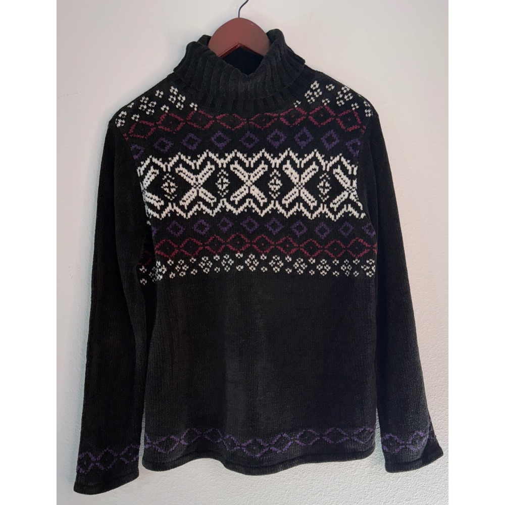 VTG 90s Y2K Villager Sport Black Fair Isle Turtleneck Sweater Chenille Knit Boho